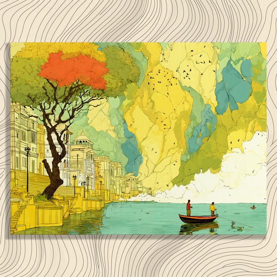 Vibrant Riverside Canvas Wall Art Impressionism Landscape Print With Boat Scene Tree Silhouette Water Reflection Green Nature Decor