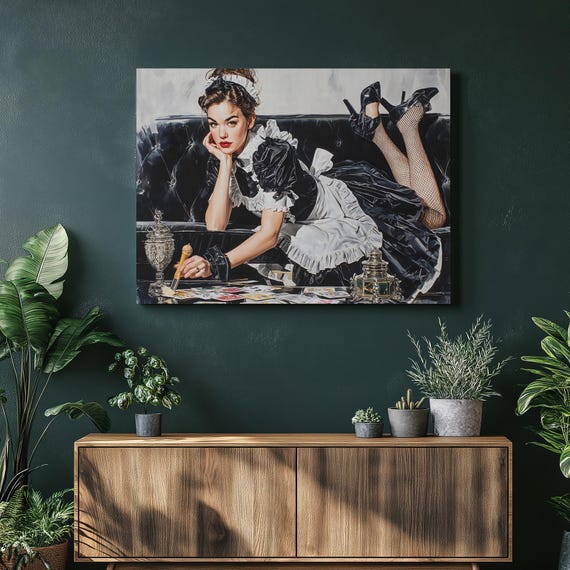 Retro Pinup Maid Canvas Wall Art Photorealistic Glamour Model In Black White Palette With Tarot Cards Fishnet Tights Tufted Couch