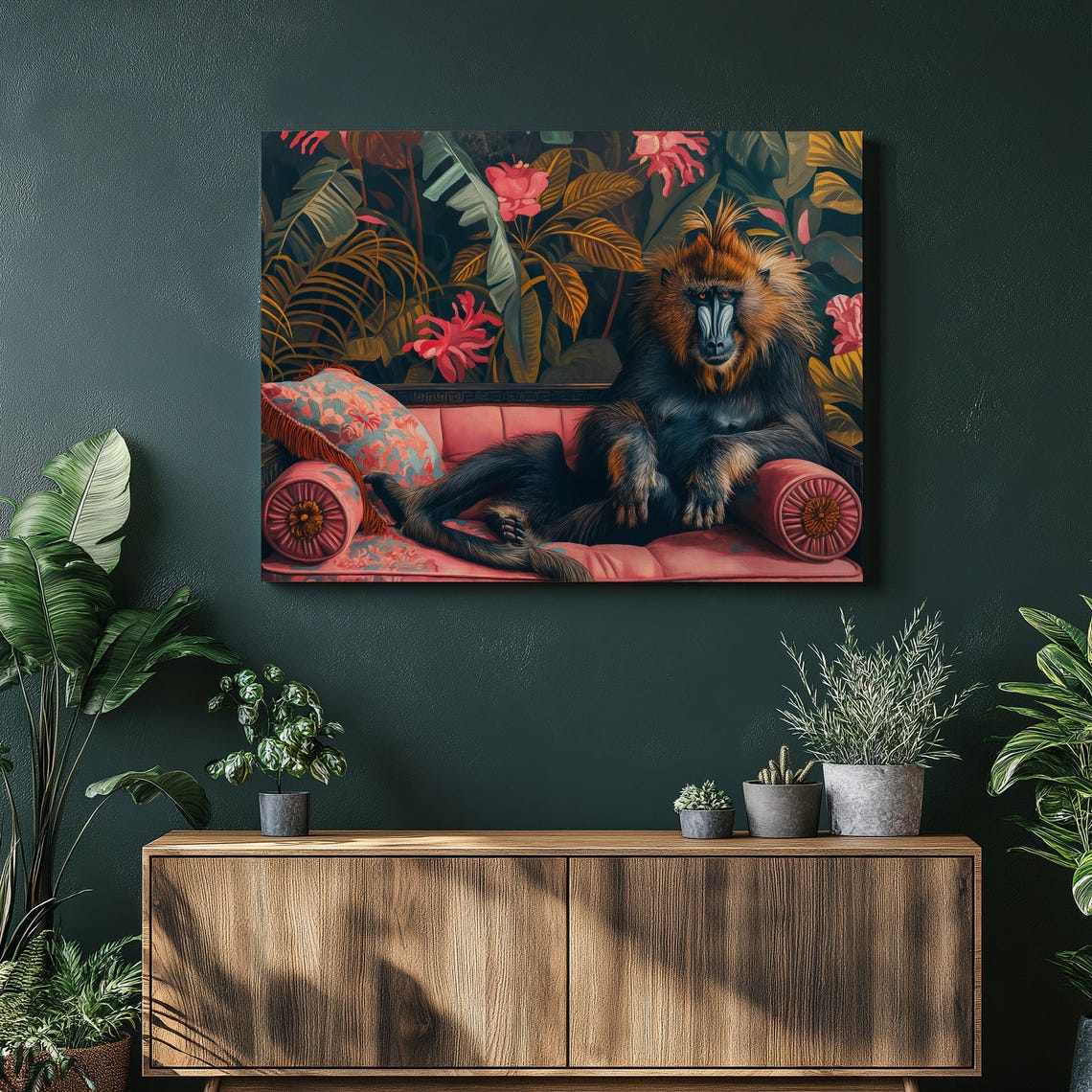 Mandrill Monkey Lounging on Pink Sofa Tropical Jungle Animal Poster