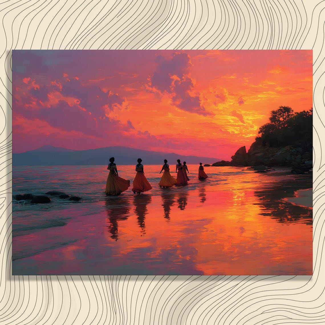 Women In Long Dresses At Ocean Sunset Water Reflection Art Print