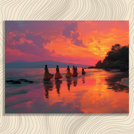 Women In Long Dresses At Ocean Sunset Water Reflection Art Print