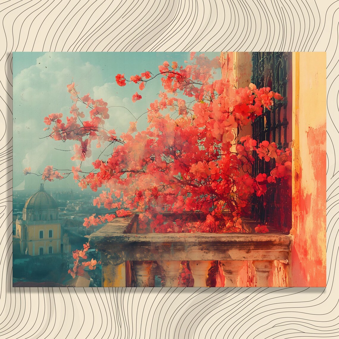 Red Blossoms Balcony European Cityscape Vintage Painting Wall Art