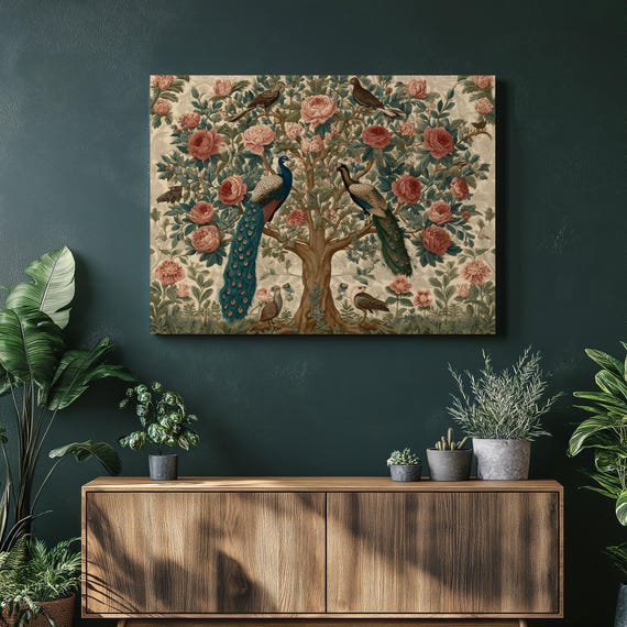 Peacock Botanical Canvas Wall Art Vintage Floral Print With Roses And Birds Nature Decor Nouveau Style Illustration