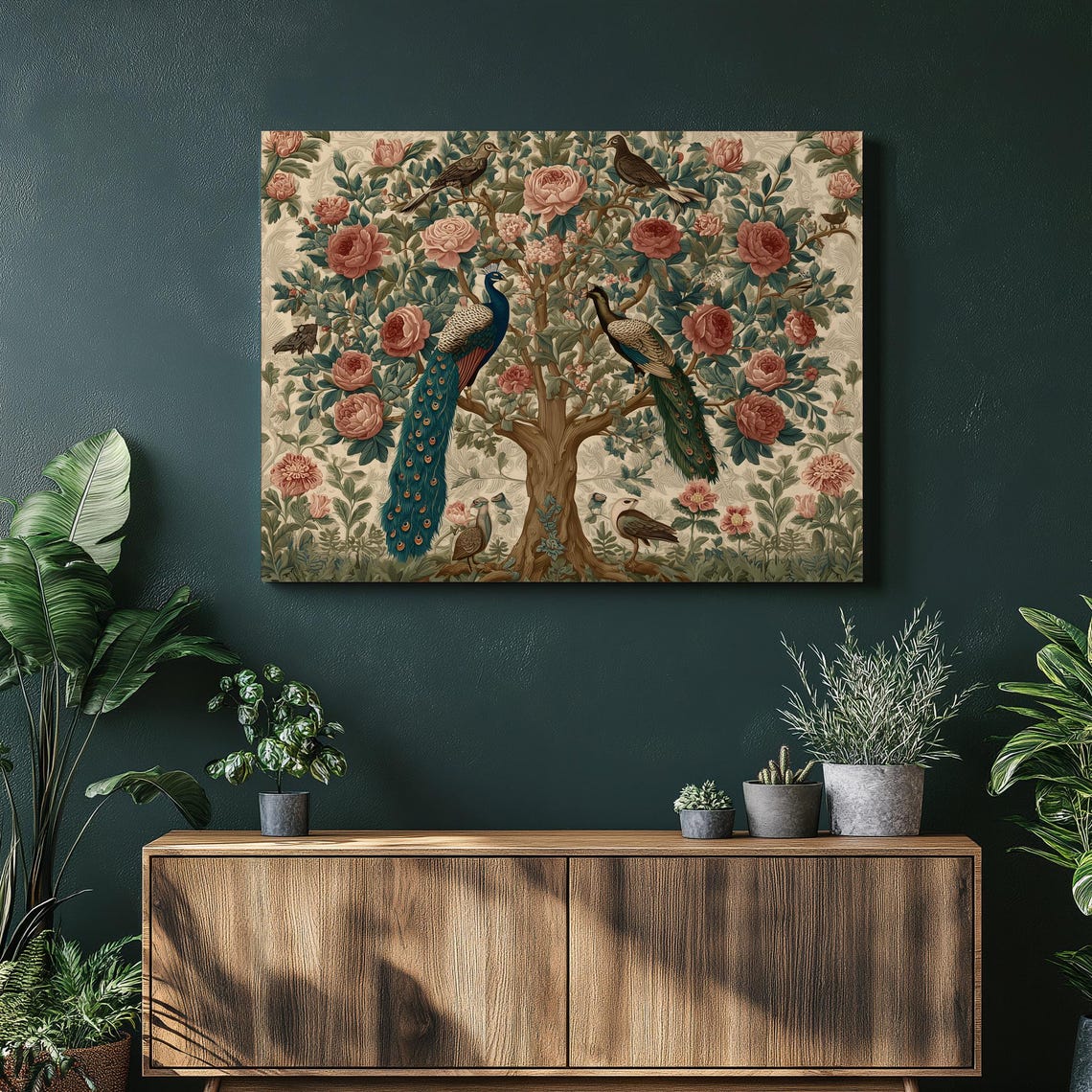 Peacock Pair Rose Tree Vintage Botanical Bird Floral Nature Art Poster