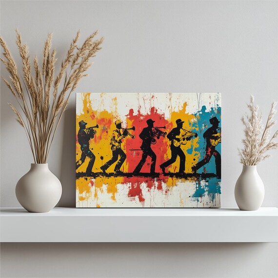 Street Parade Jazz Band Musicians Wall Art Colorful Silhouette Music Decor