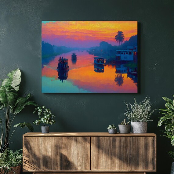 Colorful Sunset River Poster Impressionist Boats Tropical Water Scene