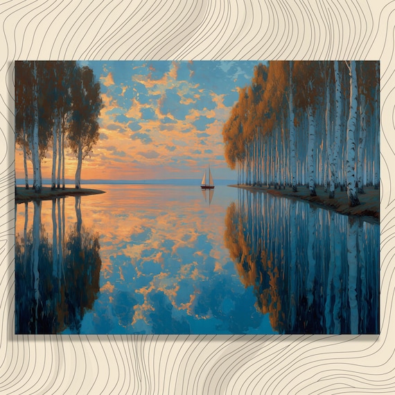 Birch Trees at Sunset Mirror Lake with Sailboat Landscape Oil Poster