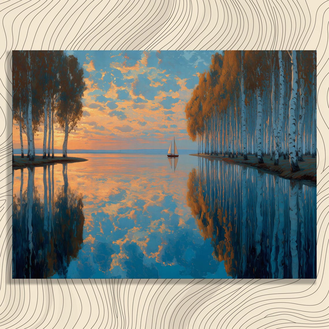 Birch Trees at Sunset Mirror Lake with Sailboat Landscape Oil Poster