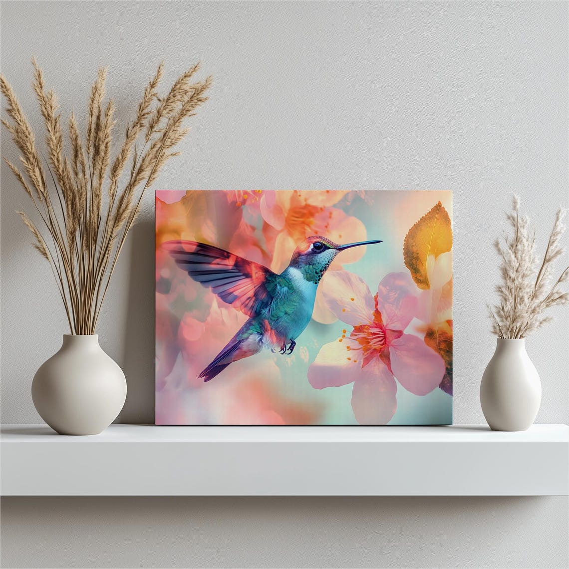 Hummingbird And Cherry Blossoms Colorful Floral Bird Art Poster