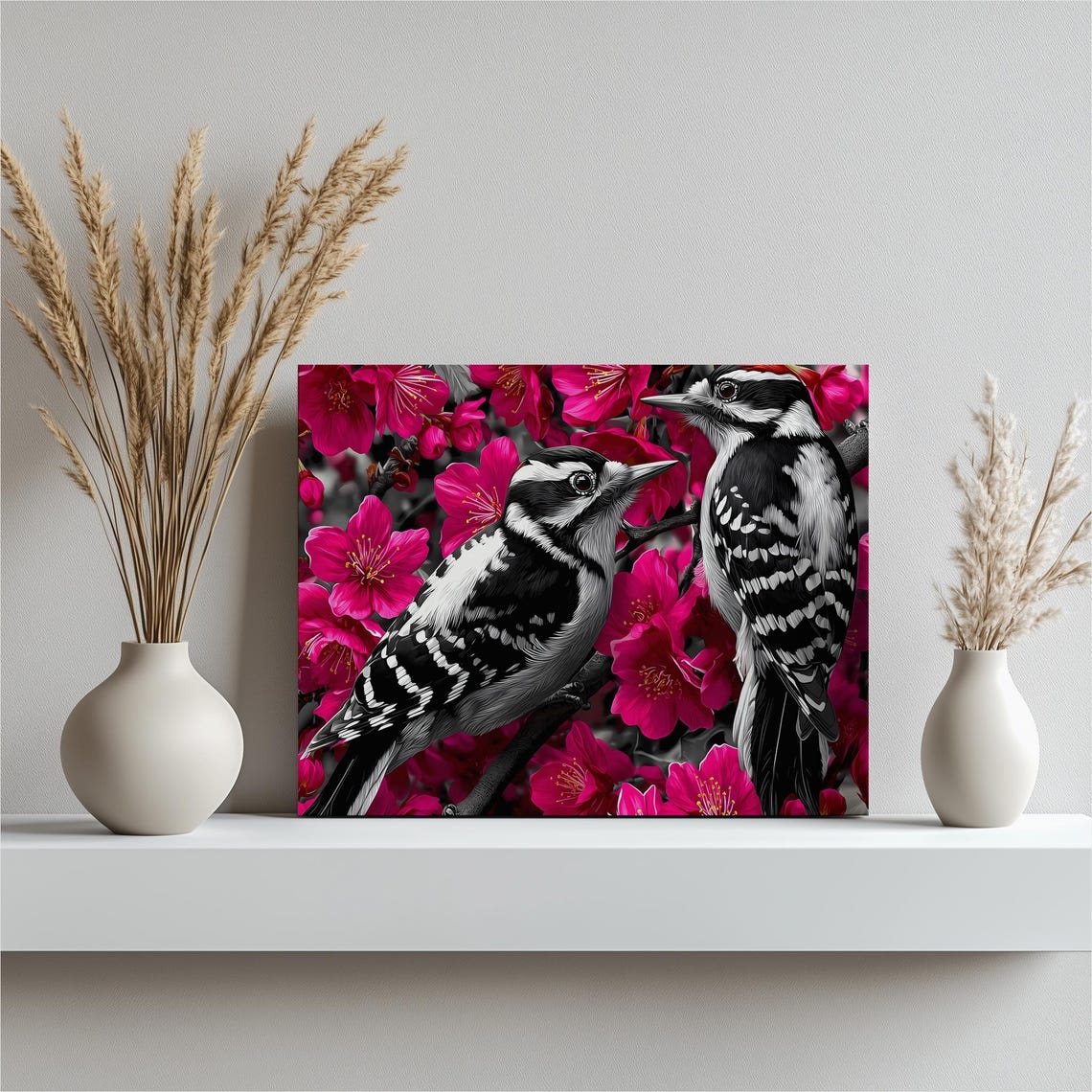 Two Downy Woodpeckers Perched Among Pink Cherry Blossoms Bird Wall Art