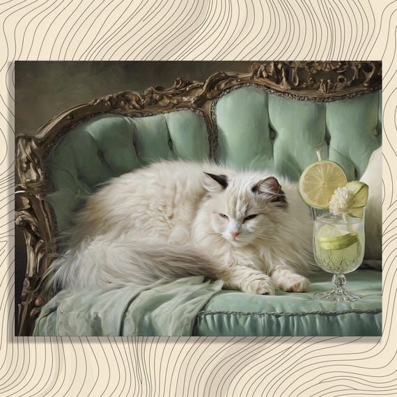 Fluffy Cat Chaise Canvas Wall Art Victorian Sofa Mint Green Tufted Velvet Settee Crystal Glass Lemonade Luxury Home Accents Traditional