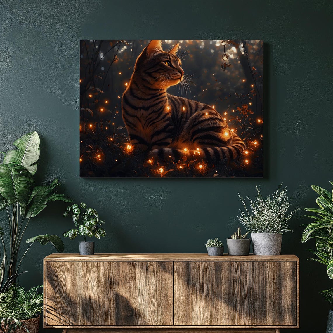 Toyger Cat Firefly Forest Night Glow Magical Feline Art Print