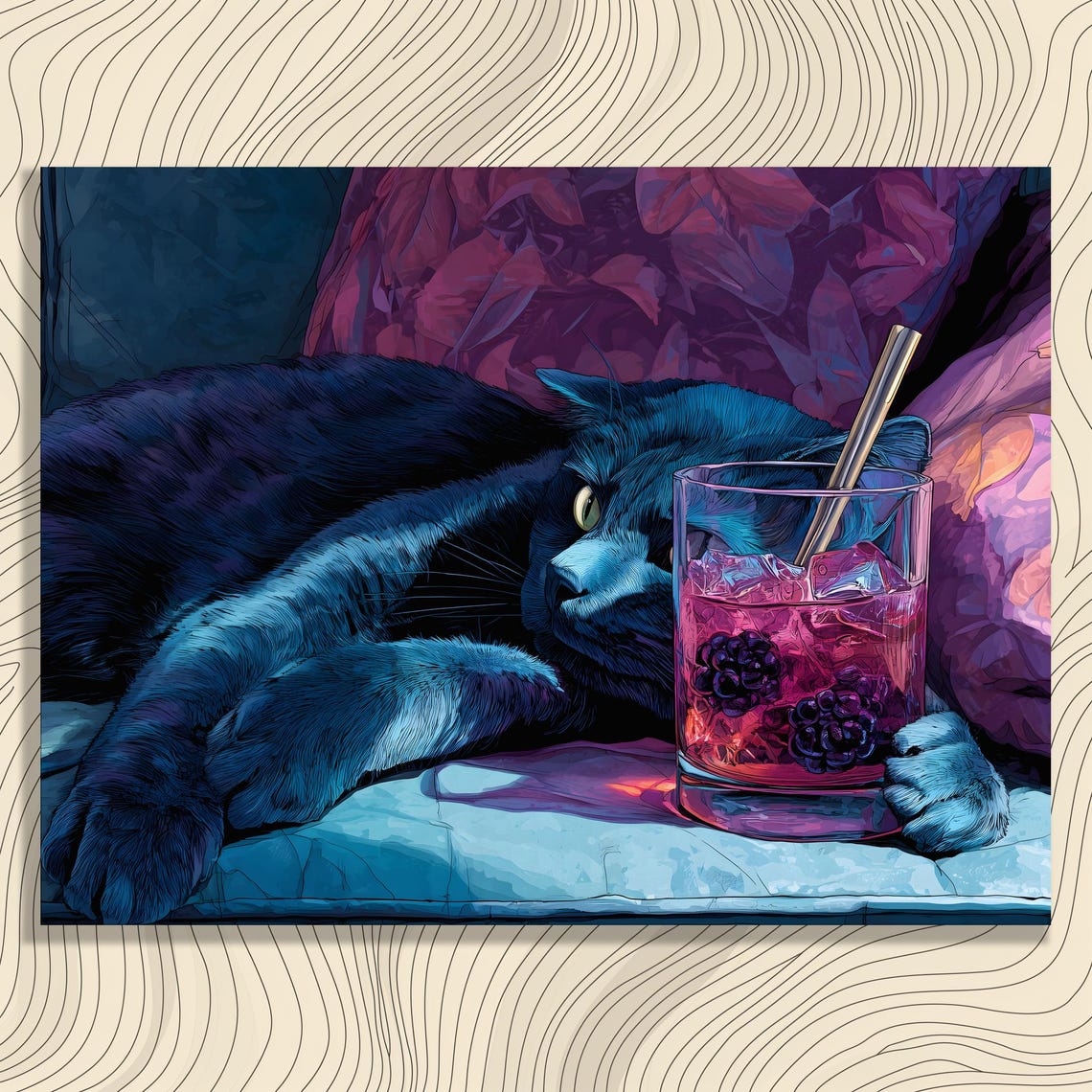 Black Cat Lounging With Pink Blackberry Cocktail Neon Night Poster