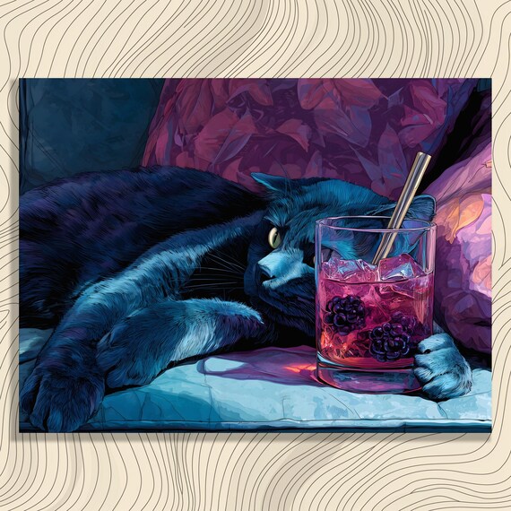 Black Cat Lounging With Pink Blackberry Cocktail Neon Night Poster