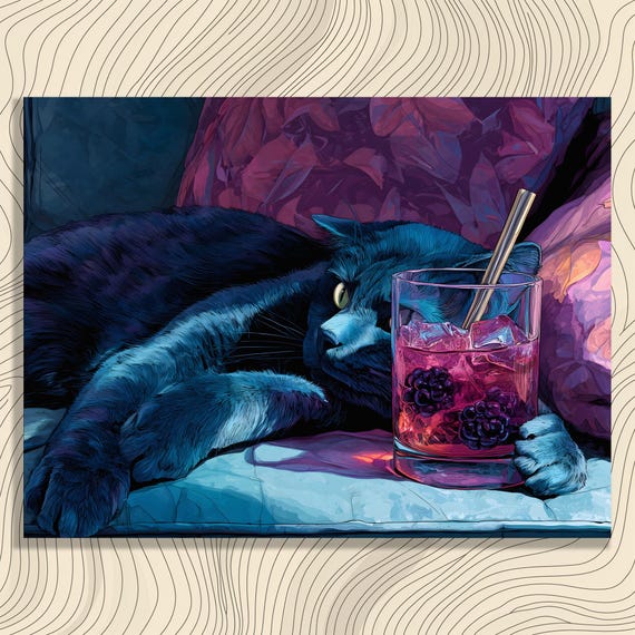 Blue Cat Cocktail Canvas Wall Art Modern Illustration Neon Blackberry Drink Print Colorful Feline Decor Contemporary Poster