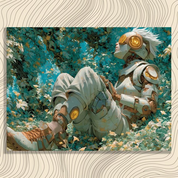 Futuristic Robot Knight Resting in Flower Garden Sci Fi Wall Art