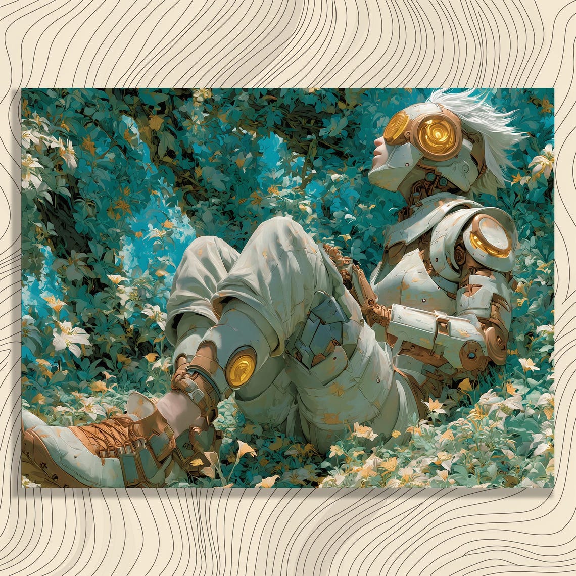 Futuristic Robot Knight Resting in Flower Garden Sci Fi Wall Art