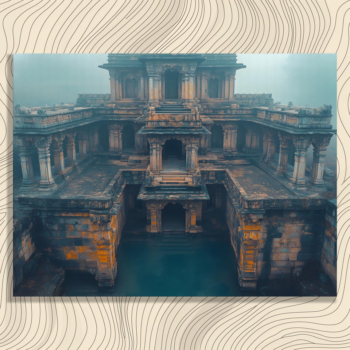 Ancient Stone Canvas Wall Art Vintage Gothic Temple Ruins Print Historical Sites Landscape Mystical Fog Serene Water Decor Gift