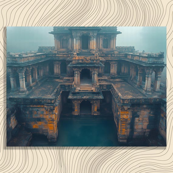 Ancient Stone Canvas Wall Art Vintage Gothic Temple Ruins Print Historical Sites Landscape Mystical Fog Serene Water Decor Gift