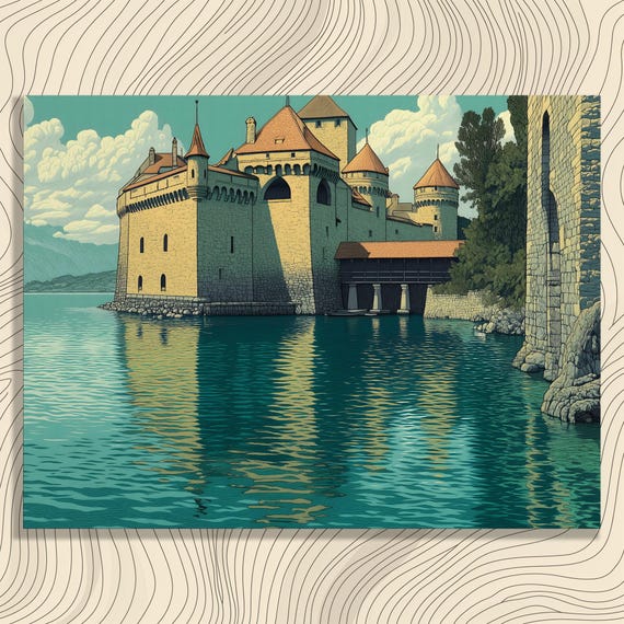 Medieval Castle Canvas Wall Art Serene Lake Reflection Print Watercolor Landscape Painting Gift Decor Classic Home Accent