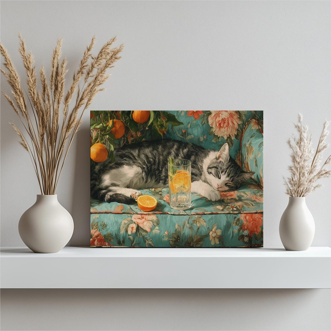 Sleeping Tabby Cat Floral Sofa Oranges Impressionist Art Poster