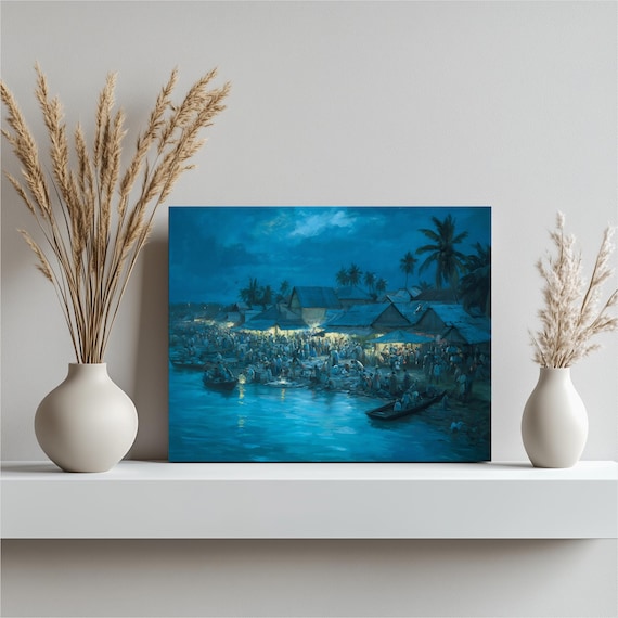 Tropical Night Market Fishing Village Boats Oil Painting Poster