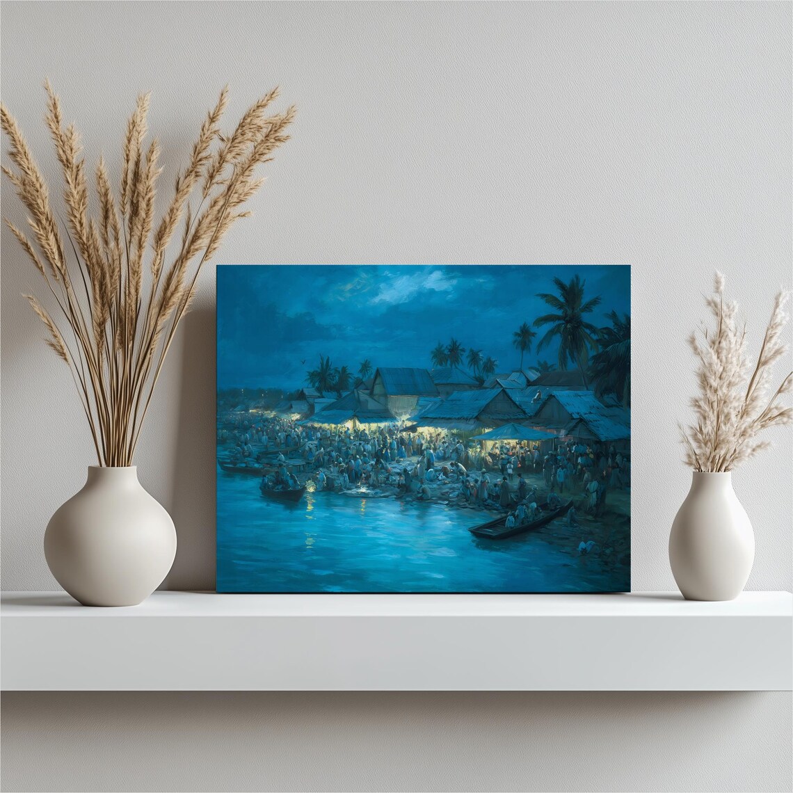 Tropical Night Market Fishing Village Boats Oil Painting Poster