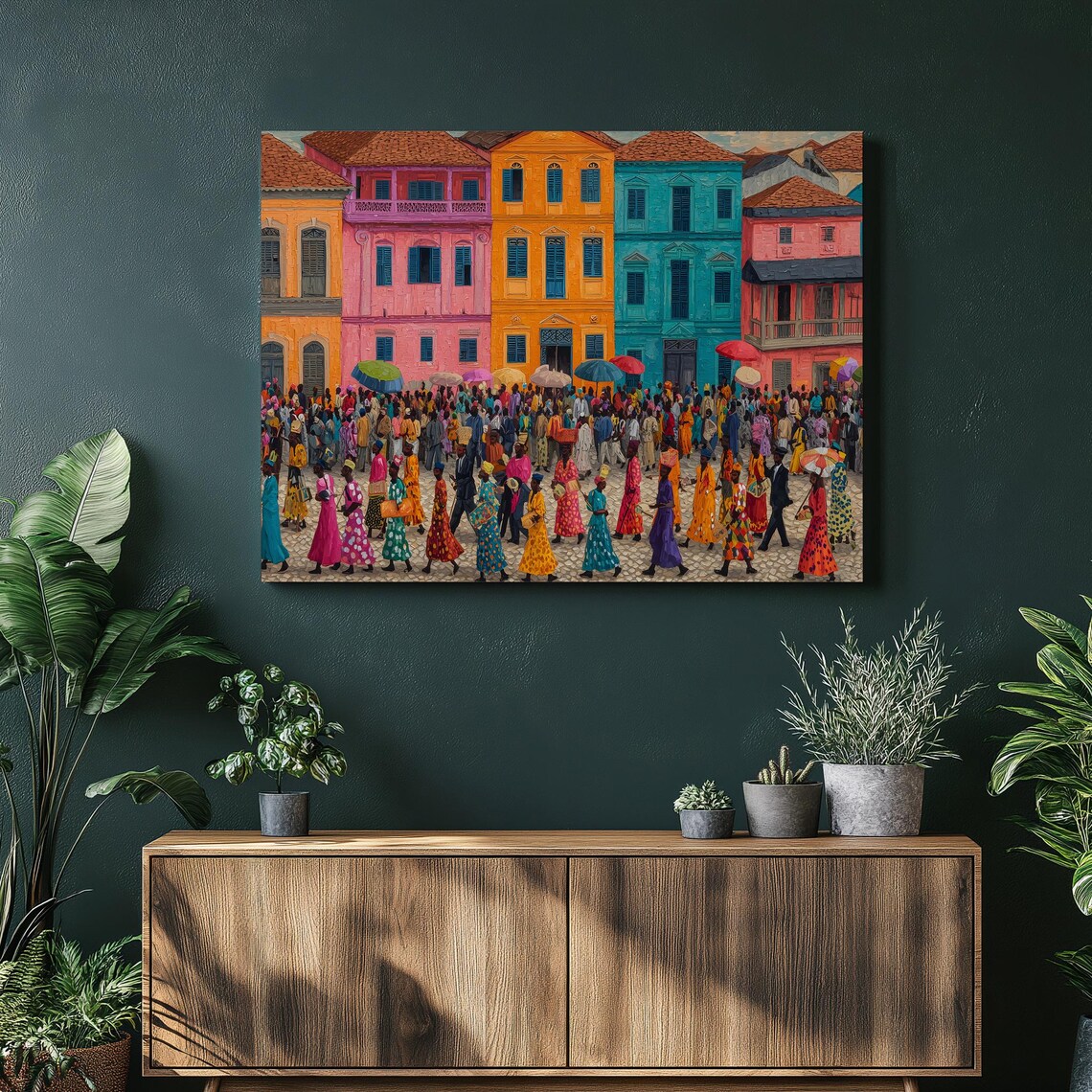 Colorful Street Scene Canvas Wall Art Vibrant African Cityscape Print Travel Decor Cultural Painting Market Crowd Landscape Gift