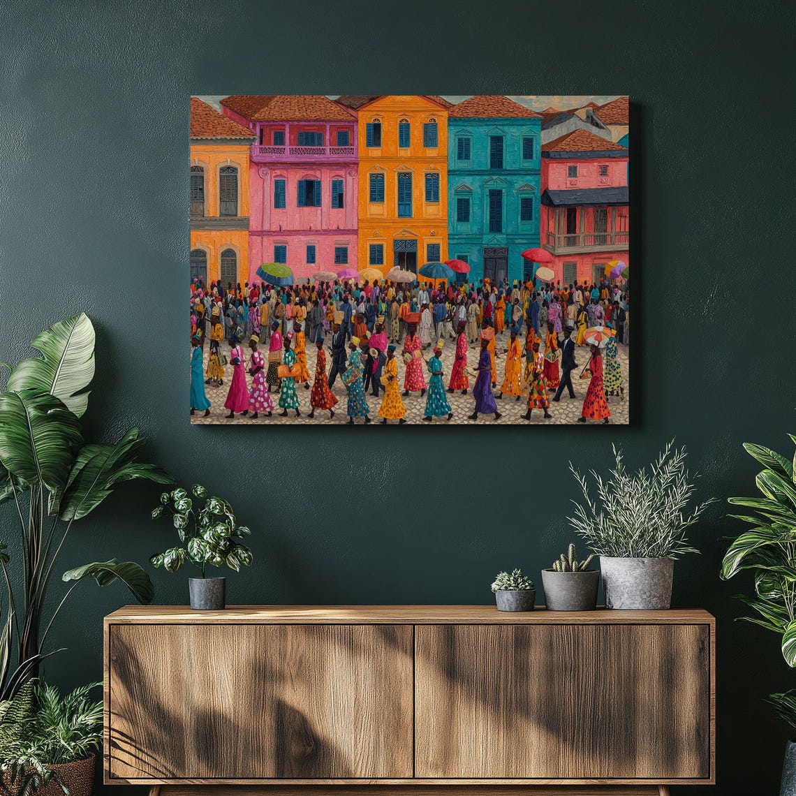 Vibrant African Street Scene Colorful Colonial Architecture Print