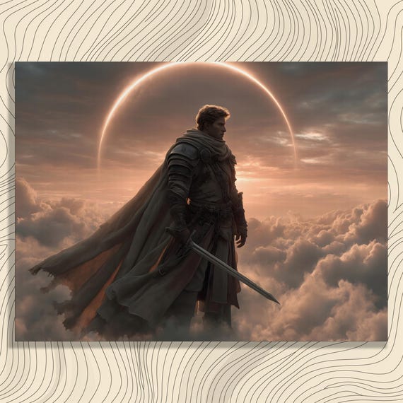 Epic Fantasy Knight With Sword Under Celestial Ring Sky Poster