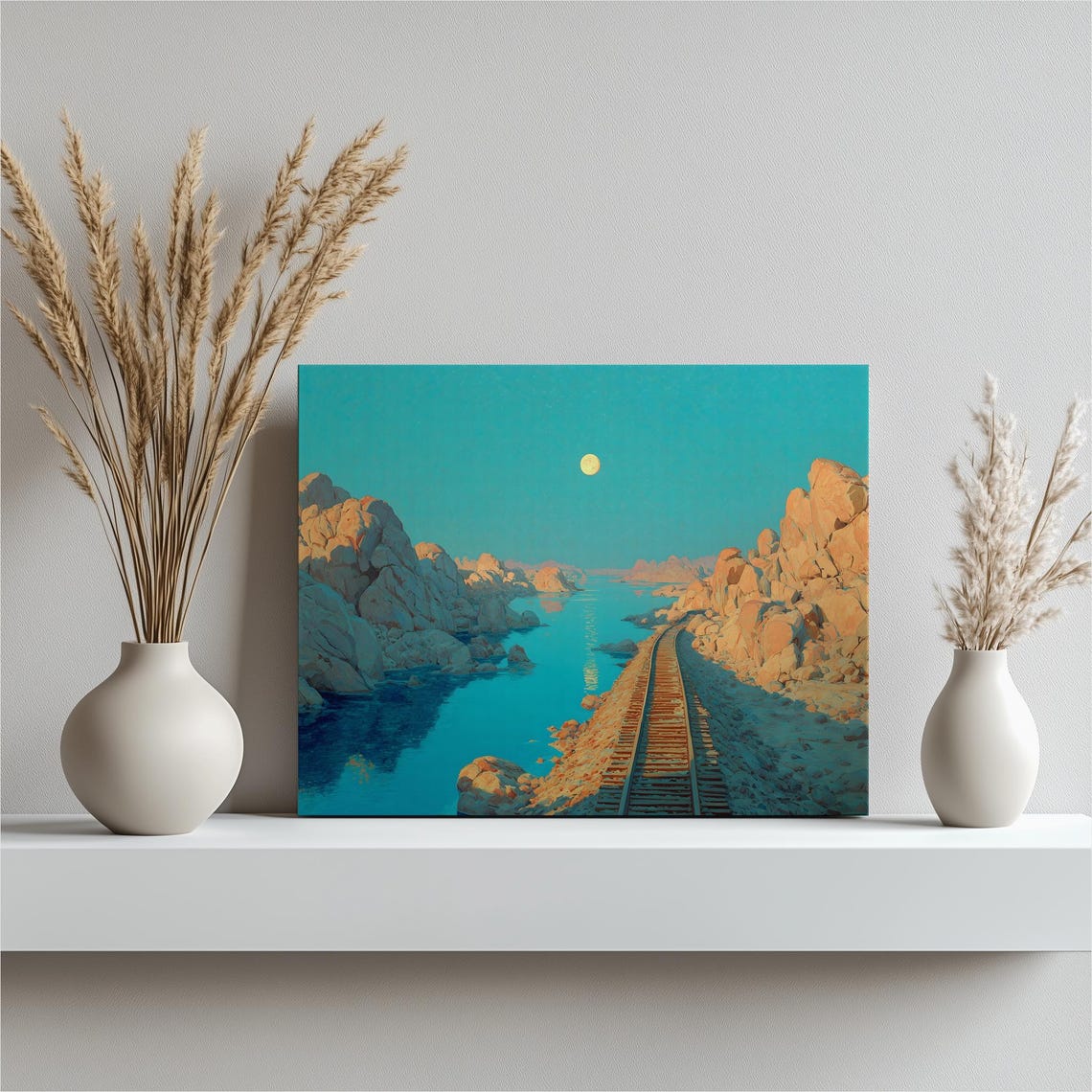 Moonlit Coastal Railway Full Moon Rocky Sea Inlet Night Poster