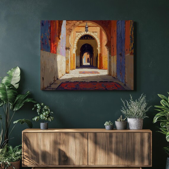 Moroccan Arched Alleyway With Colorful Rugs And Lantern Poster