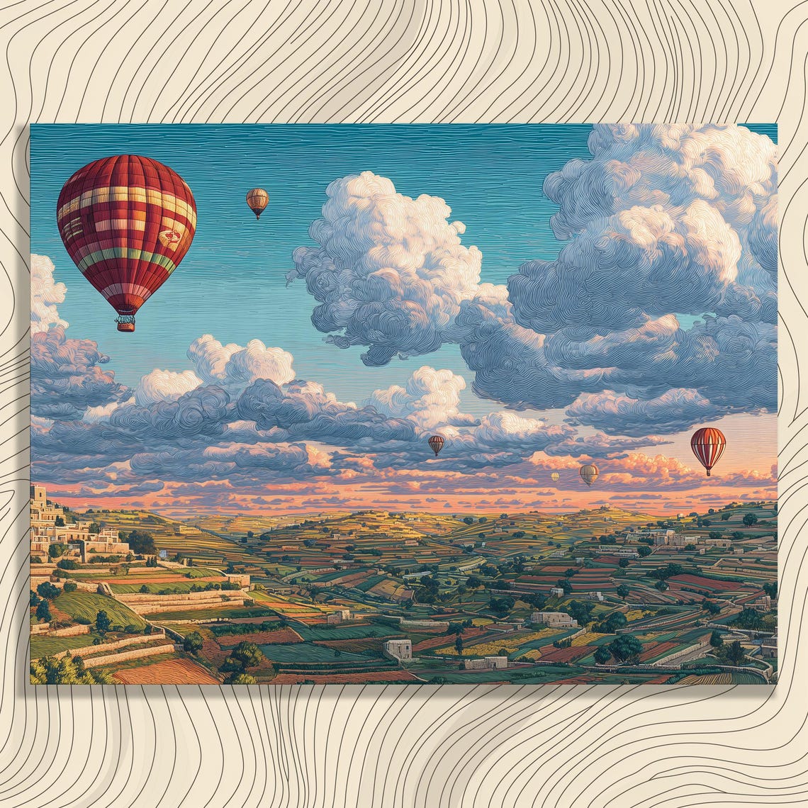 Hot Air Balloons Sunset Valley Terraced Hills Scenic Painting Poster