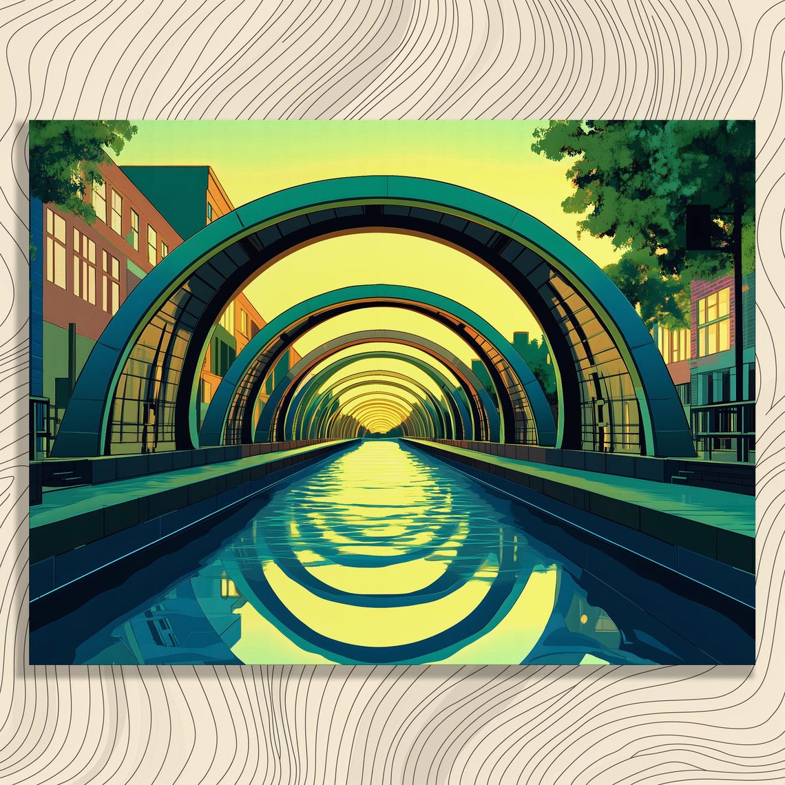 Futuristic City Canal Glowing Green Arches Reflections Modern Poster