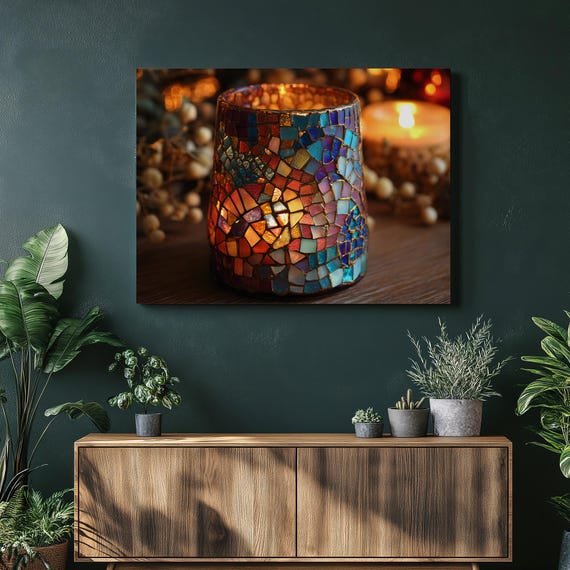 Mosaic Candlelight Canvas Wall Art Boho Decor Colorful Glass Print Ambient Lighting Home Gift For Her Table Centerpiece