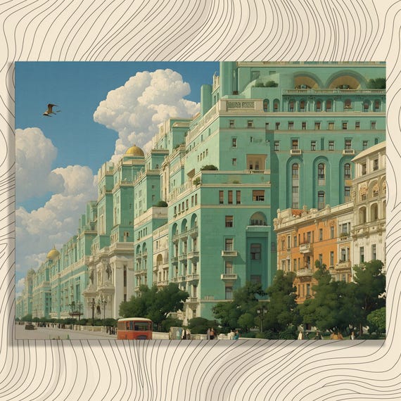 European Cityscape Canvas Wall Art Grand Boulevard Architecture With Vintage Tram And Cars Under Cloudy Sky Panoramic Travel Decor Print