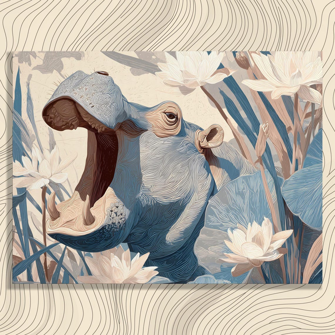 Hippo Marsh Botanical Blue Lotus Flowers Whimsical Wildlife Wall Art