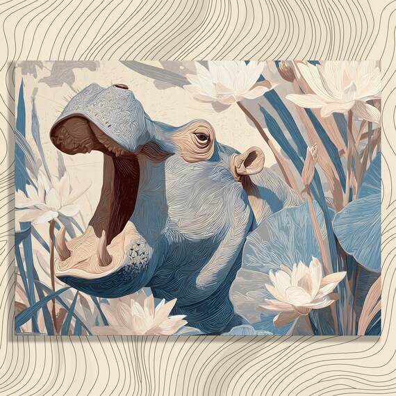 Hippo Marsh Canvas Wall Art Modern Boho Wildlife Print With Flower And Water Lily Reeds African Safari Decor Botanical
