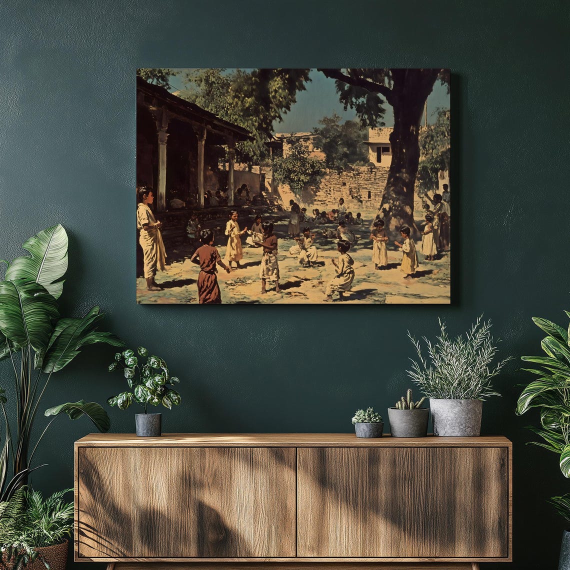 Village Children Canvas Wall Art Sunlit Rural Courtyard Under A Shade Tree Traditional Games Stone Homes Decor Print