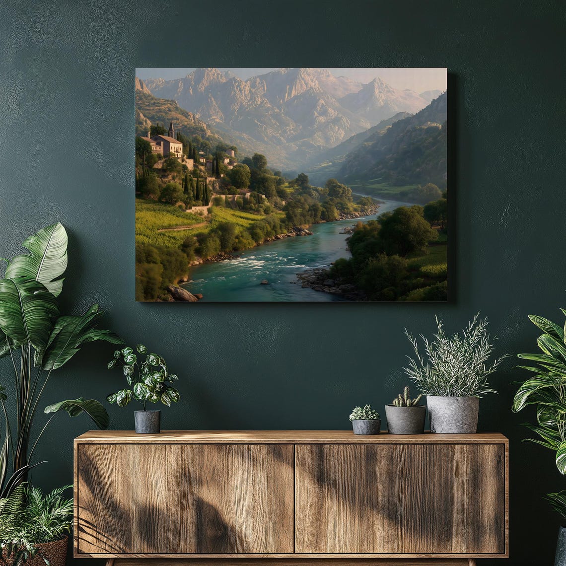 Mountain River Valley Village Landscape Nature Painting Wall Art