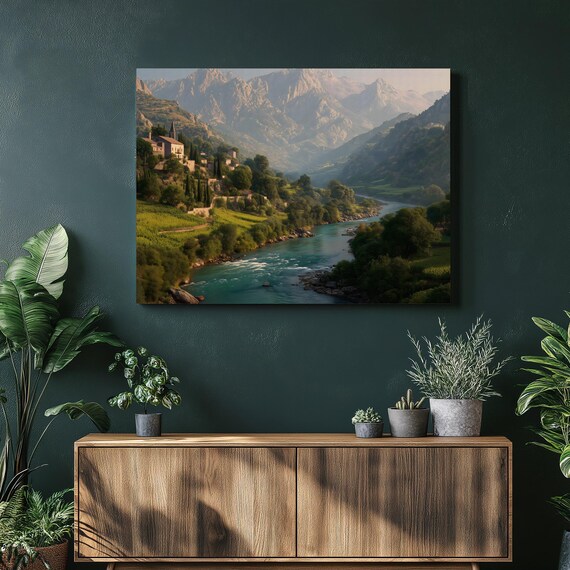 Mountain River Valley Village Landscape Nature Painting Wall Art