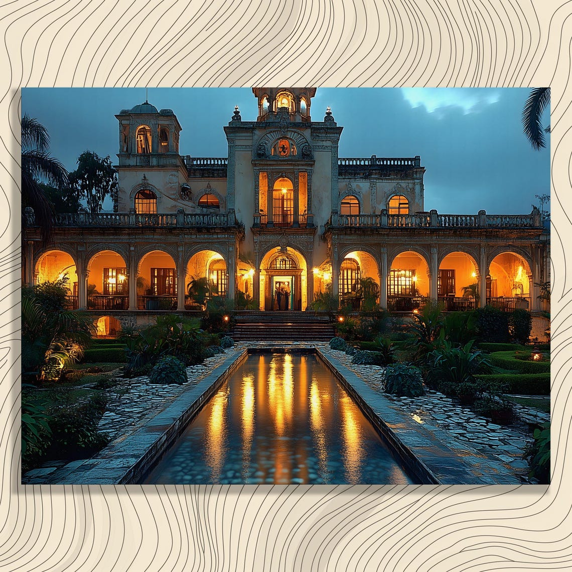 Spanish Colonial Mansion At Night Tropical Courtyard Pool Wall Art