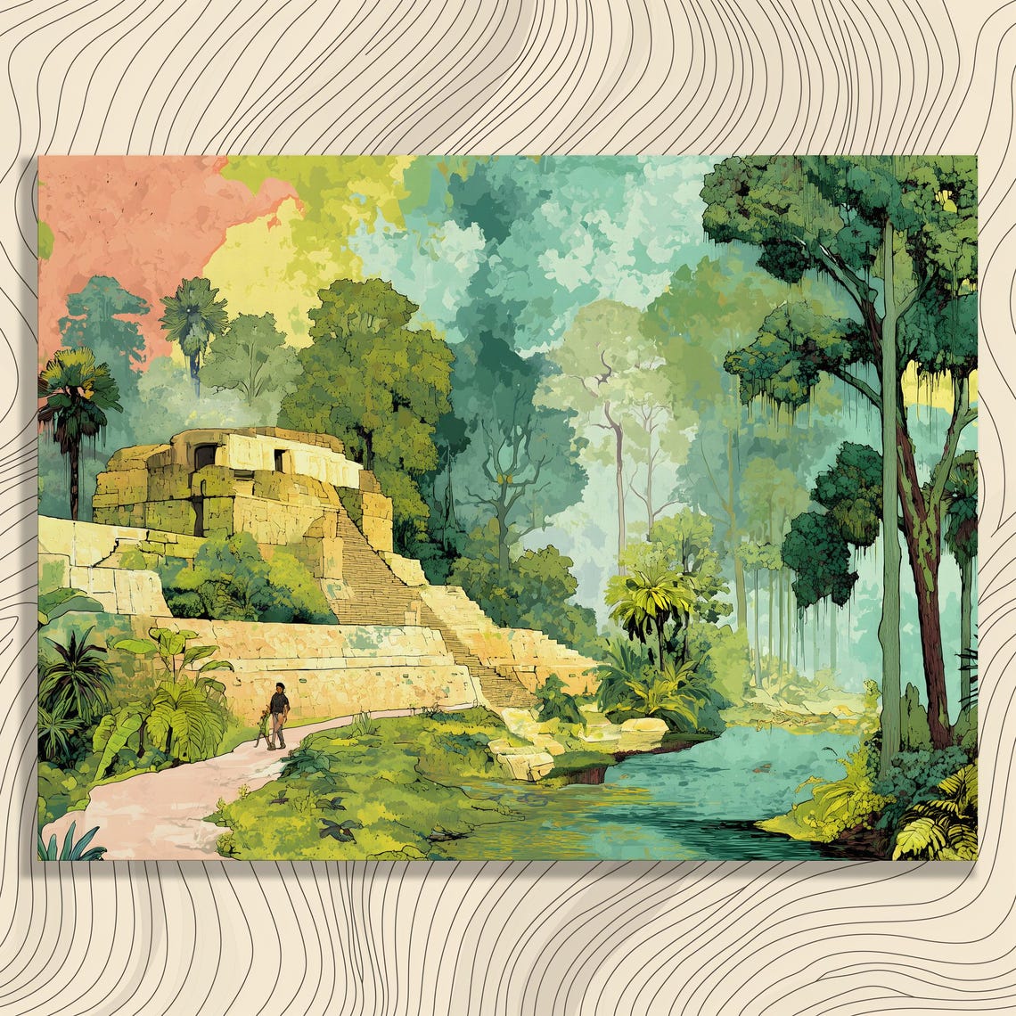 Ancient Jungle Temple Ruins River Landscape Adventure Poster