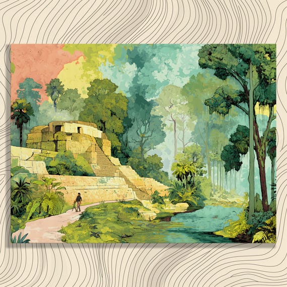 Ancient Jungle Ruins Canvas Wall Art Vibrant Colorful Nature Landscape Painting Print Decor Gift For Lovers Enthusiasts