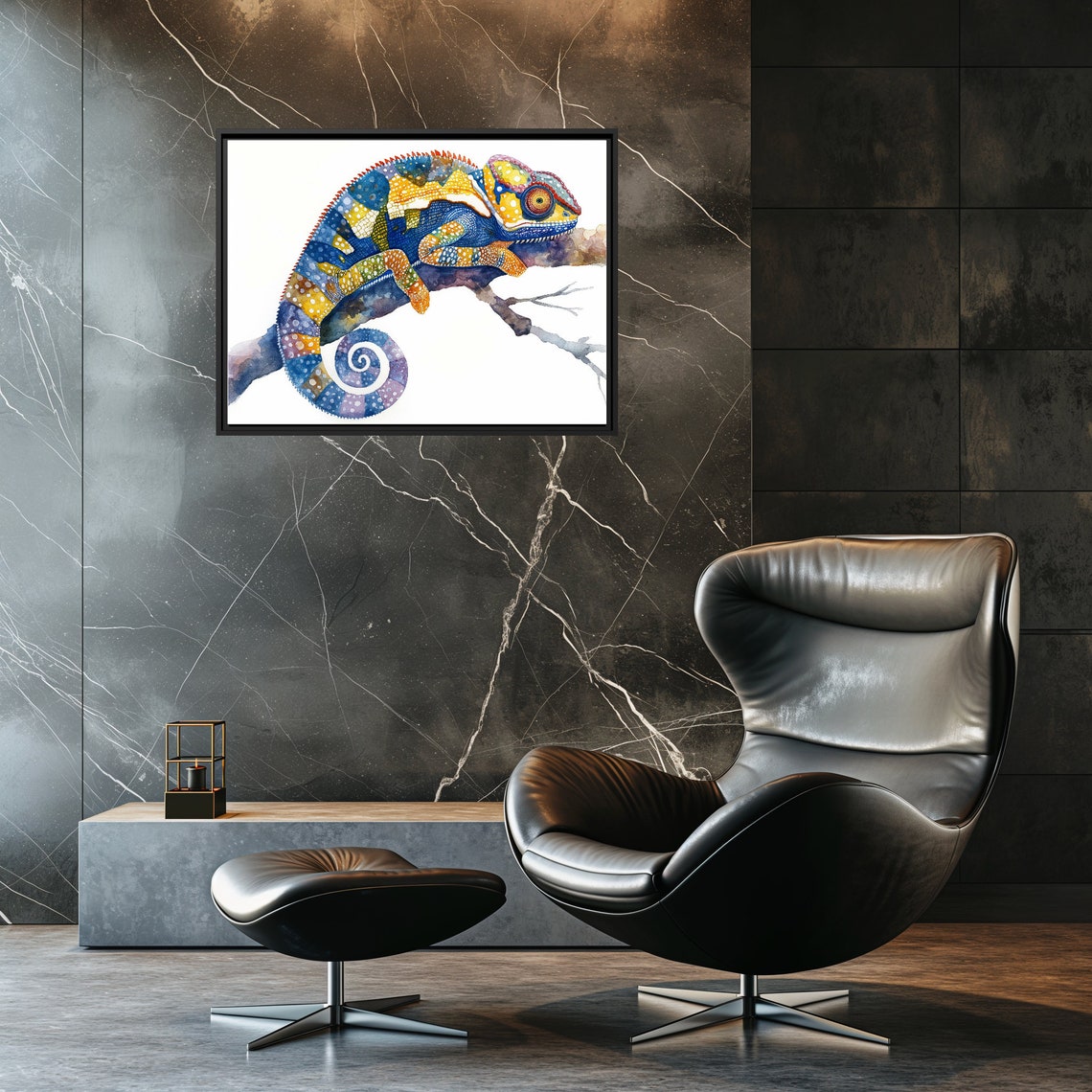 Vibrant Chameleon Watercolor Blue Yellow Jungle Reptile Poster