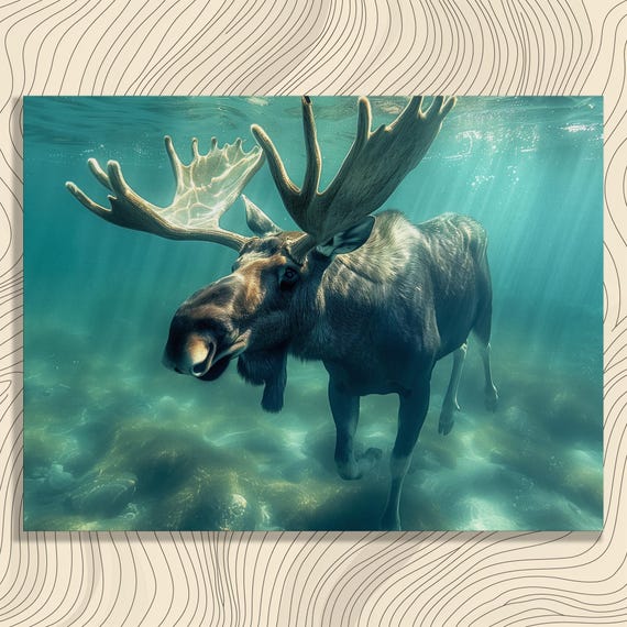 Moose Canvas Wall Art Underwater Swimming Full Body Shot In Blue Sea Relaxing Decor For Livingroom Office Hallway Toilet Or Bedroom