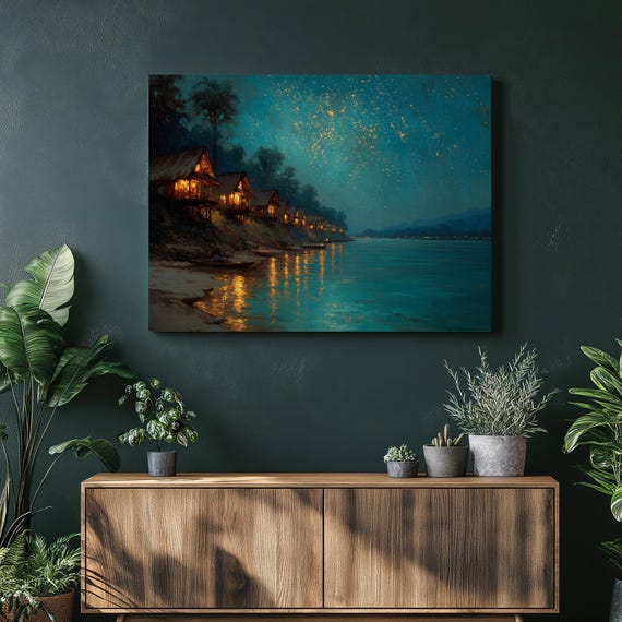Tropical Starry Sky Canvas Wall Art Glowing River Huts Night Landscape Coastal Print Water Reflection Serene Village Painting