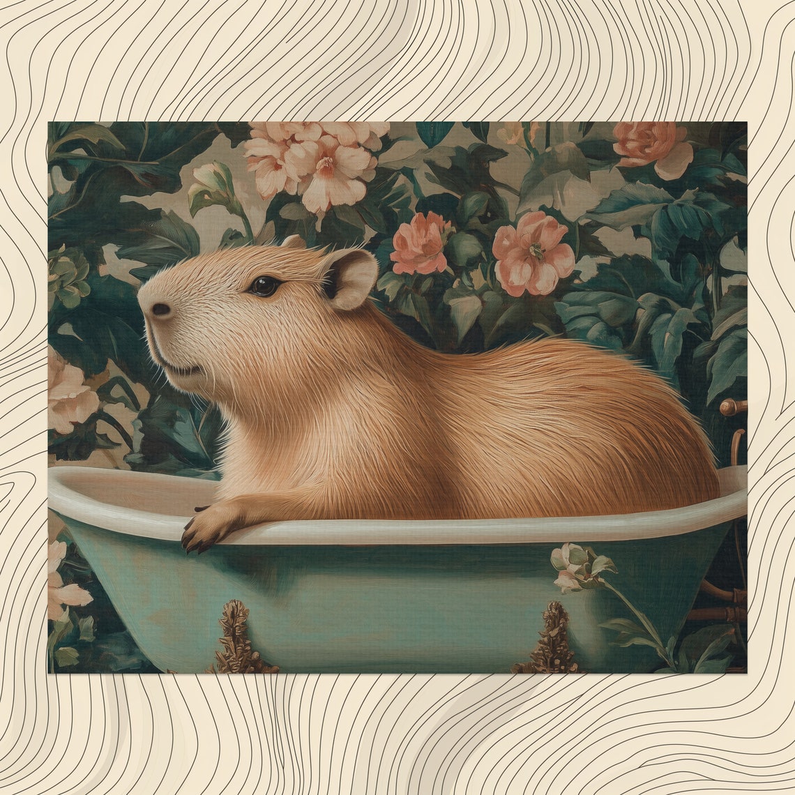 Capybara Soaking in Vintage Bathtub Floral Botanical Art Poster