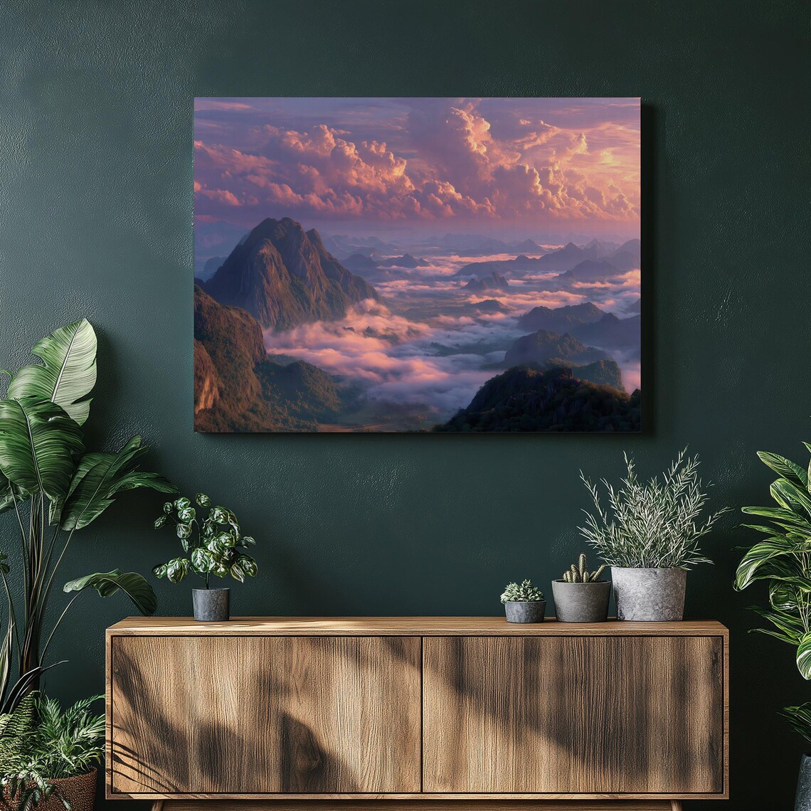 Dreamy Mountain Sunset Above a Sea of Clouds in Pink and Purple Poster