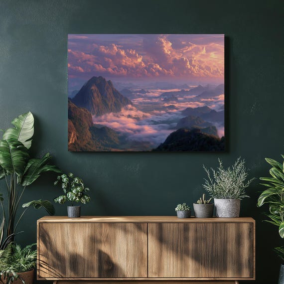 Mountain Sunset Canvas Wall Art Pastel Sky Print Misty Valley Landscape Decor Nature Pink Clouds Scenic Mountains Colorful Gift